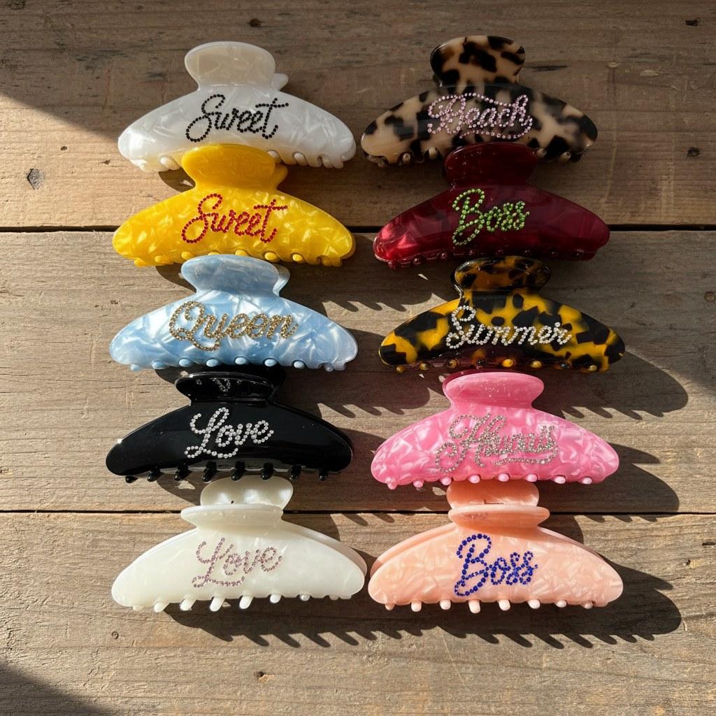 Custom Logo Personality Colorful Rhinestones Acetate Hair Claw Clips for Women Girls